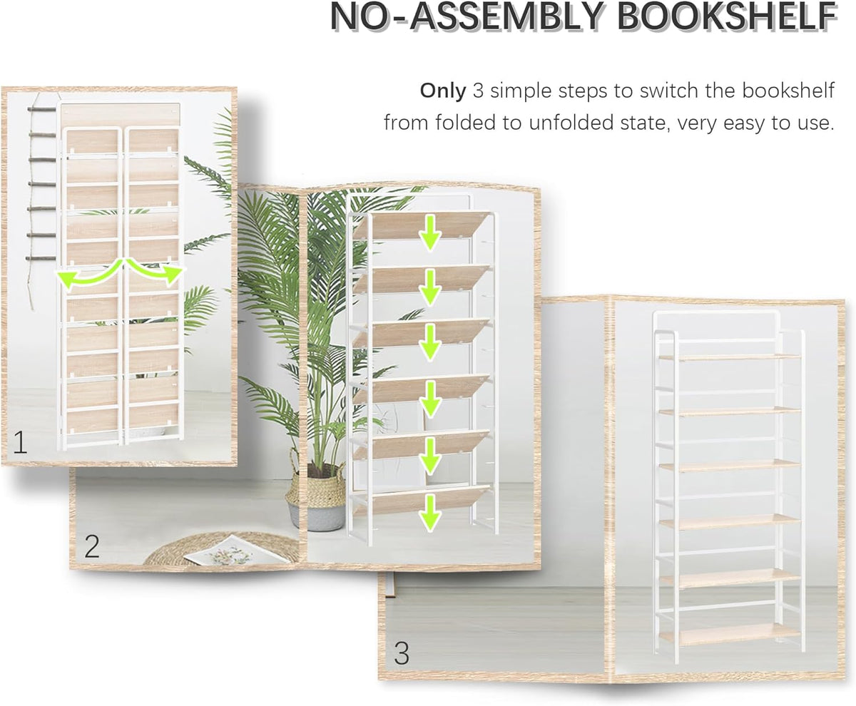 4NM No Assembly 6 Tiers Folding Bookshelf Storage Shelves Vintage Bookcase Standing Racks Study Organizer Home Office (Natural White)