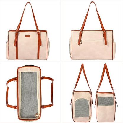Lasaviin Fashion Dog Purse Pet Carrier Leather Bag for Small Dogs Cats Puppy, Portable Tote Bag Airline Approved Soft-Sided Carriers (Beign)