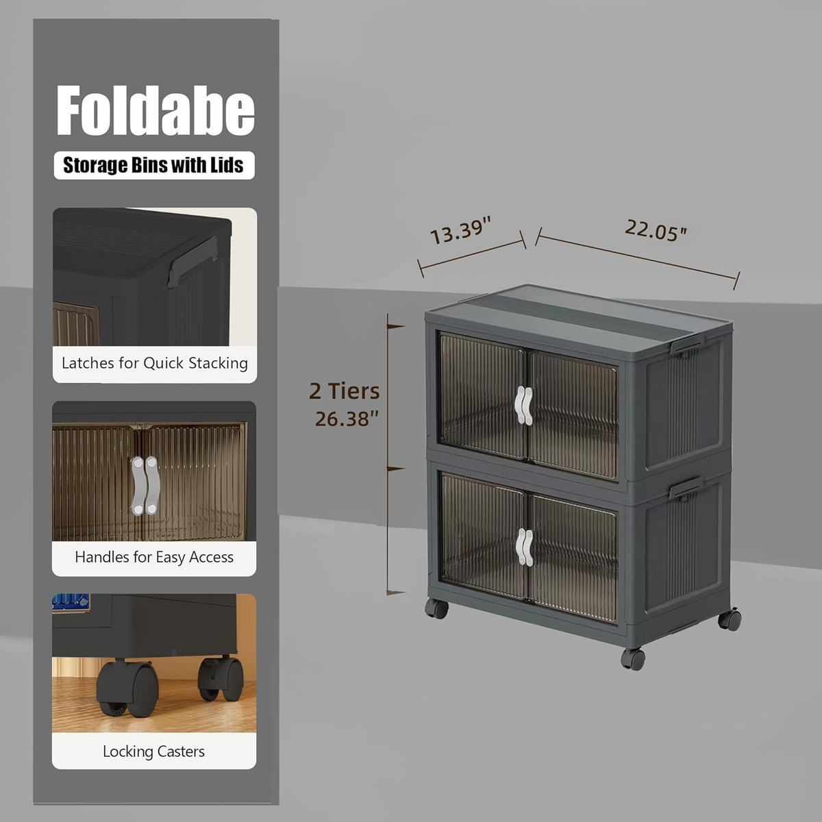 Stackable Storage Bins, Plastic Collapsible Storage Bins with Lid and Wheels, Folding Closet Organizer Clear Doors, Foldable Cabinet Storage Boxes for Home, Pantry, Office (M, Gray 2-Tier)