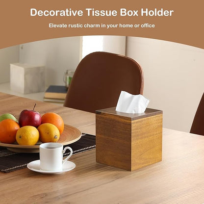 GCWSTJK Acacia Wood Tissue Box Cover - Square Thick Tissue Box Holder for Cube Boxes, Smooth Polished Decorative Wooden Tissue Holder for Bathroom, Bedroom, Dining Table, Kitchen or Office