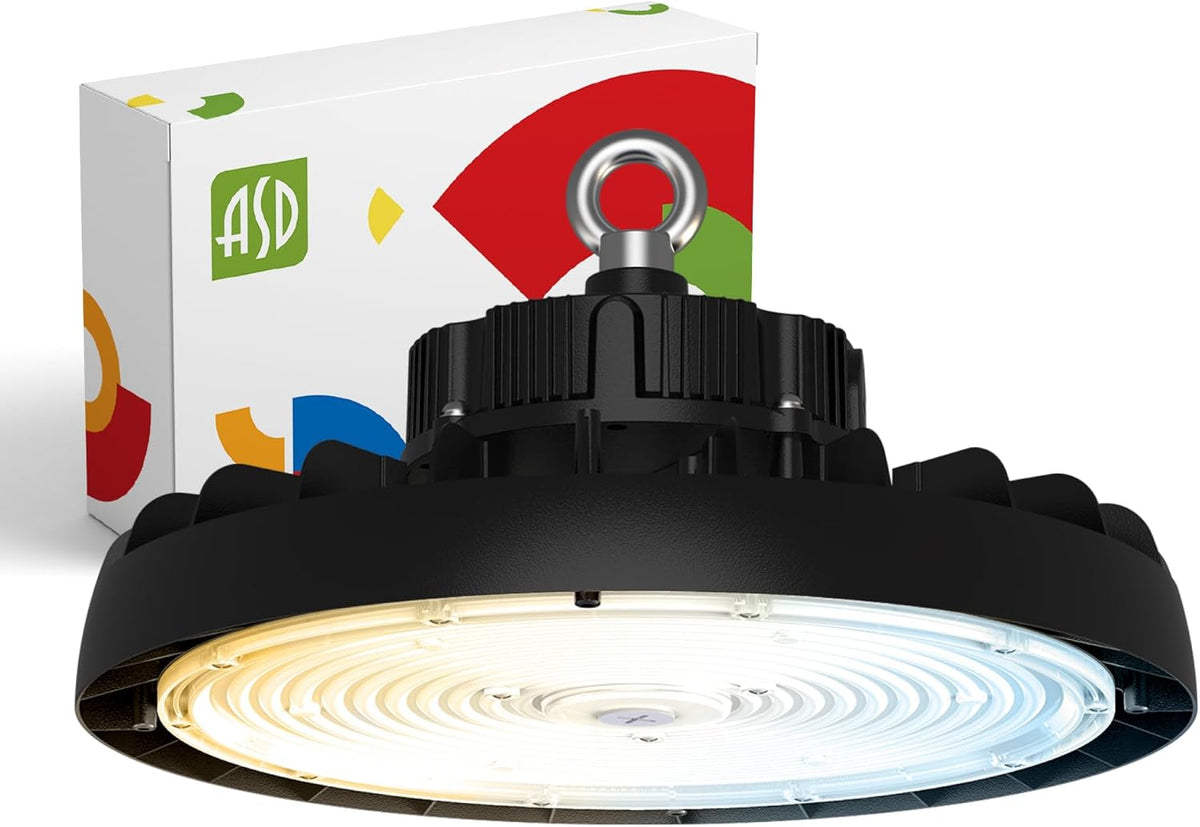 ASD LED High Bay UFO Light Fixture, Commercial Shop Lighting | 3CCT, Dimmable, IP69K Waterproof, DLC Premium, UL Listed | 300W 47700LM 3000-5000K 100-277V | Warehouse, Garage, Workshop Lamp | Black