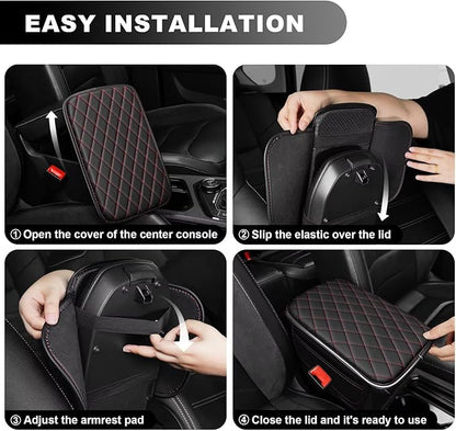 Upgraded Car Center Console Cover Fit for Tacoma Faux Leather Car Armrest Cover Cushion with 2 Storage Bags,Car Armrest Storage Box Interior Accessories(Black&Redline)
