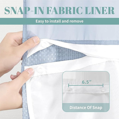 eachope FrostBlue Extra Long No Hook Waffle Weave Shower Curtain with snap-in Liner Replacement, 230GSM Waterproof Fabric Hotel Shower Curtain Set for Bathroom, Through Mesh Top Window,71Wx86H