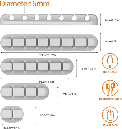 Desk Accessories for Charging Organizer - 5 Packs Grey Computer Desk Accessories and Adhesive Cord Organizer for Cable Holder Cleans Up Messy Wires at Home, Car and Office (7-5-3-1-1 Slots)