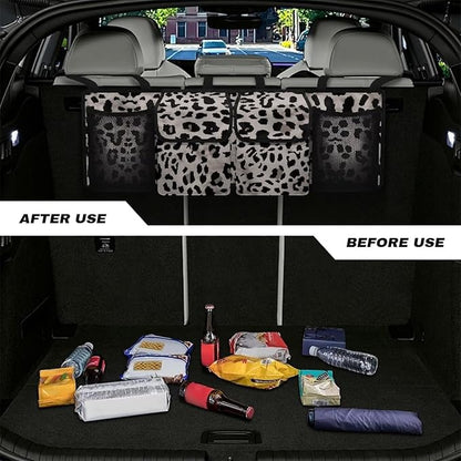 SEANATIVE Black Leopard Print Car Trunk Organizer, Hanging Trunk Organizer for SUV, Backseat Car Organizer with 4 Large Compartments, Car Accessories Interior, Space Saving Expert