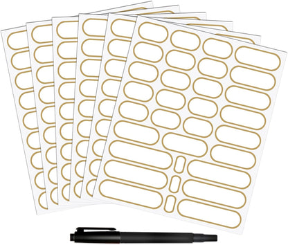 192pcs Removable Bottle Labels Waterproof Self-Adhesive Kitchen Home Edit Food Label Stickers with Gold Border for Food Containers Mason Jars Storage Bins Daycare Organization,with Marker Pen