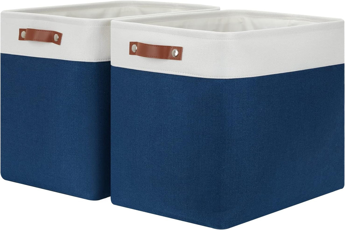 HNZIGE Storage Baskets for Organizing, Set of 2, Foldable Storage Bins Navy Blue Tall Baskets for Shelves, Canvas Collapsible Storage Bins with Handles for Storage Closet Linen(White Blue)