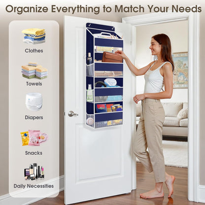 1 Pack Over The Door Organizer, Hanging Storage Organizer with Clear Window, 40lb Ultra Sturdy Large Capacity Room Organizer for Pantry Laundry Bathroom Nursery Closet (Blue)