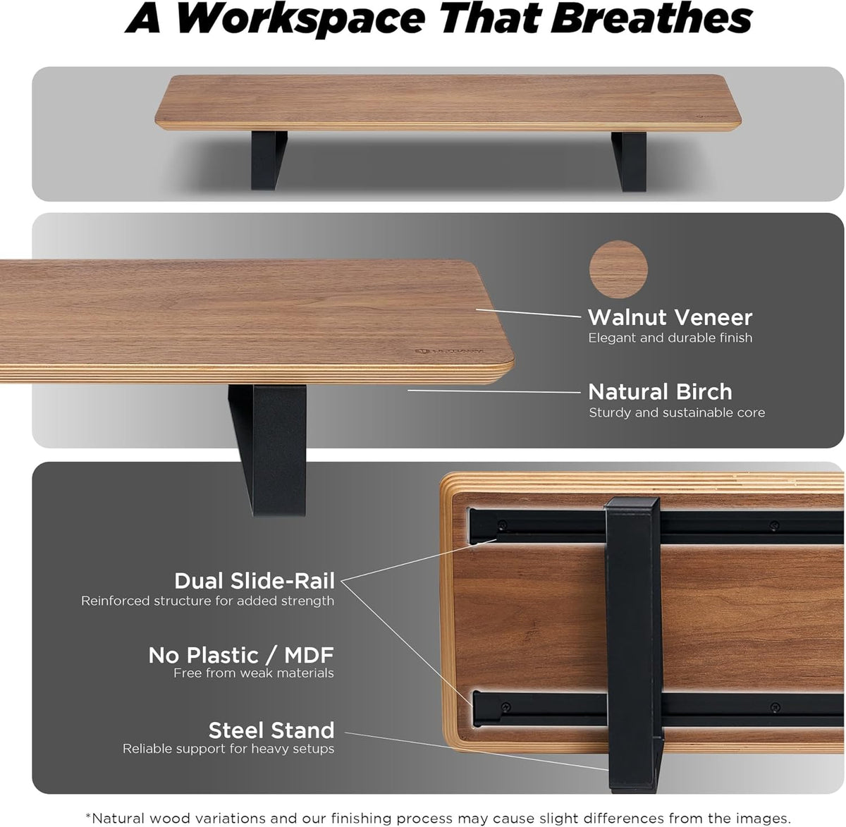 Moodular Wooden Monitor Stand 33.4” (85cm) Desk Organizer with Metal Slide Rails for Drawer, Tray, Laptop, Tablet, Phone & Headphones Customizable Riser for Organized Workspace Walnut MS85-W