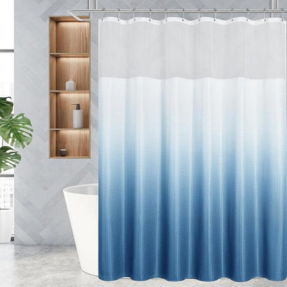 Gibelle Waffle Weave Shower Curtain with Mesh Top Window and Hooks Set, Spa Like Hotel Style Fabric Shower Curtain for Bathroom, Ombre Blue, 72x72