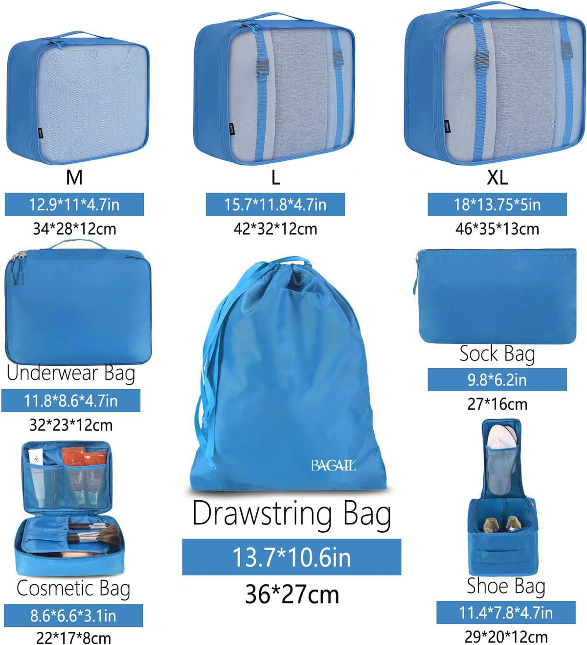 BAGAIL 8 Set Packing Cubes Luggage Packing Organizers for Travel Accessories-Light Blue