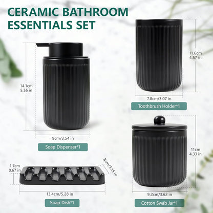 BosilunLife Black Bathroom Accessories Set - Ceramic Bathroom Counter Soap Set Bathroom Decor Sets Accessories Bathroom Lotion Soap Dispenser and Toothbrush Holder Set, Soap Dish, Apothecary Jars