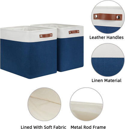 HNZIGE Storage Baskets for Organizing, Set of 2, Foldable Storage Bins Navy Blue Tall Baskets for Shelves, Canvas Collapsible Storage Bins with Handles for Storage Closet Linen(White Blue)