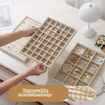 Large Jewelry Organizer for Drawer Insert Velvet Stackable Jewelry Trays for Earring Necklace Bracelet Ring Display (Beige, 48 Grids)
