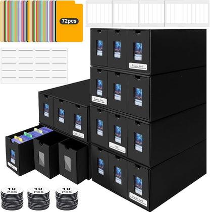 10800+ Card Storage Box, 2000+ Toploader Storage Box for Commander Display,with 72 Dividers, Labels & Tapes,Fit for TCG, PTCG, MTG