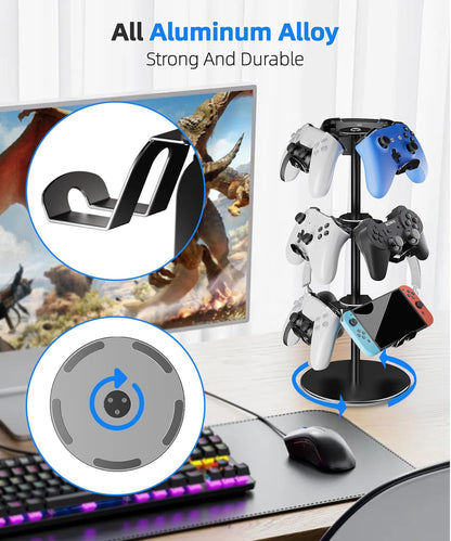 Aluminum Alloy Controller Holder 3 Layers,360 Degree Rotation Tier,Gaming Controller Stand for Xbox PS5 PS4 Switch,Headphone Stand,Headset Holder & Desk Mounts for 9 Packs Controller
