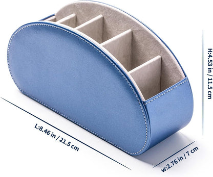 Remote Control Holders Organizer Box with 5 Compartment PU Leather Multi-functional Office Desk Storage Caddy Store Tv Remote for Media Player,Brush,Pencil,Glassees&Office Supplies (Champagne Blue)
