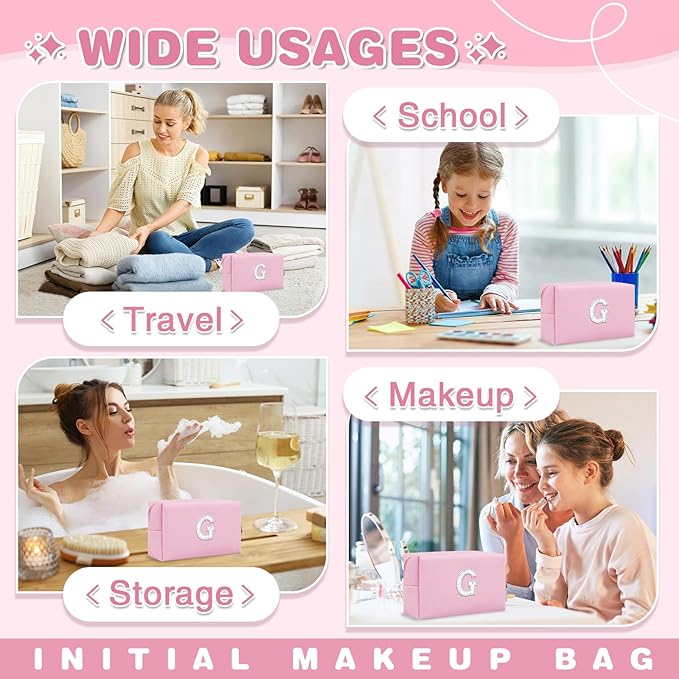 ChaoGreat Bride Gifts – Personalized Initial Makeup Bag with Pearl Rhinestone Patch, Preppy Pink Monogram Cosmetic/Toiletry Pouch, bridesmaid Gifts, Bridal Shower Gifts, Wedding Gifts, Bridal Gifts,G