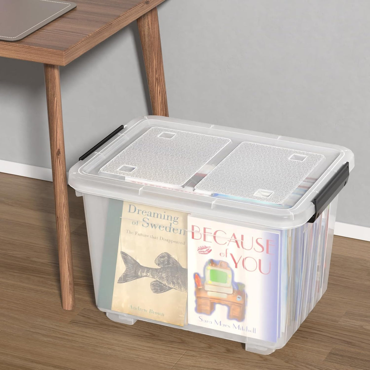 Obstnny 50 L Clear Plastic Storage Bins with Wheels, Large Lidded Organizer Boxes, 4 Pack