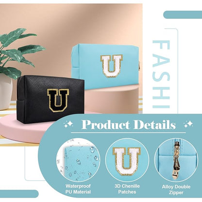 Small Personalized Initial A-Z Preppy Patch Makeup Bag,PU Chenille Letter Travel Cosmetic Pouch with Zipper,Blue Cute Toiletry Bag,Gift Ideal for Teen Girls Women Teacher Bridesmaid,Letter U