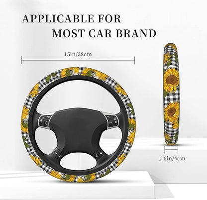 Checkered Sunflowers Steering Wheel Cover Women Men Elastic Stretch Soft Car Wheel Protector Universal Breathable No-Slip Car Accessories for Truck Van SUV Auto Fit 14-15 Inches