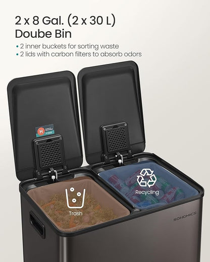 SONGMICS Trash Can, 2 x 8 Gallon Dual-Compartment Garbage Can