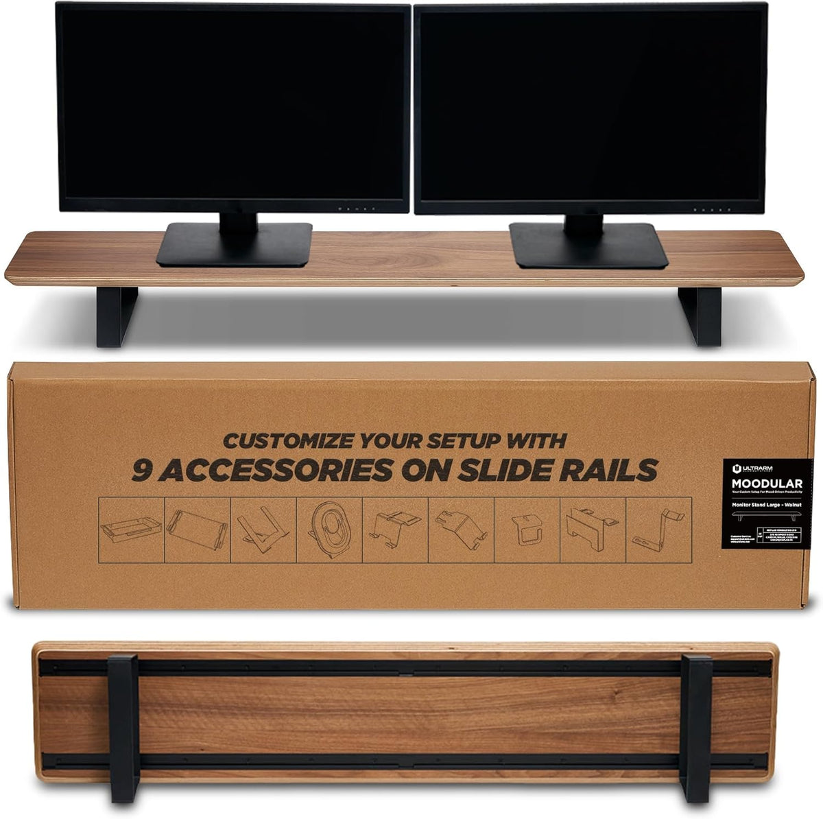Moodular Wooden Monitor Stand 45.6” (116cm) Large Desk Organizer with Metal Slide Rails for Drawer, Tray, Laptop, Tablet, Phone & Headphones Customizable Riser for Organized Workspace Walnut