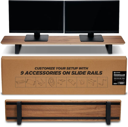Moodular Wooden Monitor Stand 45.6” (116cm) Large Desk Organizer with Metal Slide Rails for Drawer, Tray, Laptop, Tablet, Phone & Headphones Customizable Riser for Organized Workspace Walnut