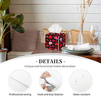 Tissue Box Cover, Colorful Hearts Pu Leather Square Tissue Box Cover Case Organizer Cube Box Holder for Bathroom Vanity Countertop, Night Stands, Office Desk & Car 5.2X5.2X5.2''