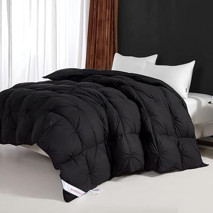 SNOWMAN Premium Down Comforter Queen Size, Luxurious All Season Duvet Insert with Cotton Blended Fabric, Pinch Pleat Design Hotel Bedding Comforter (Black,90"x90")