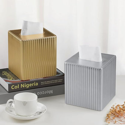 MEIBOOCH PU Leather Tissue Box Cover Square, Rectangle Tissue Box Holder with Magnetic Closure, Decorative Tissue Holder for Bathroom Bedroom Office (Shiny Silver, Square)