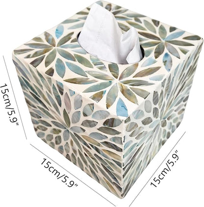 i-lan Mother of Pearl Cube Tissue Cover Box,Sea Pearl Shell Blue Flower Decorative Square Tissue Holder,5.9” Capiz Mop Napkin Box with Bottom Slider
