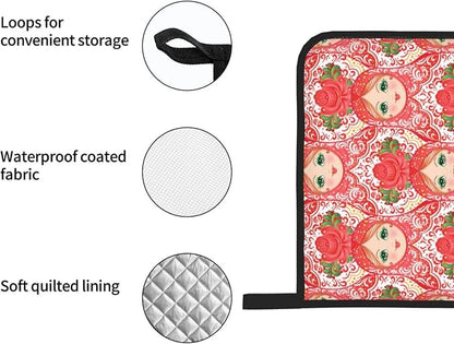 Traditional Russian Nesting Doll with Flowers Oven Mitts and Pot Holders 4 Pcs Set Oven Gloves and Potholders for Cooking Microwave BBQ Baking Grilling