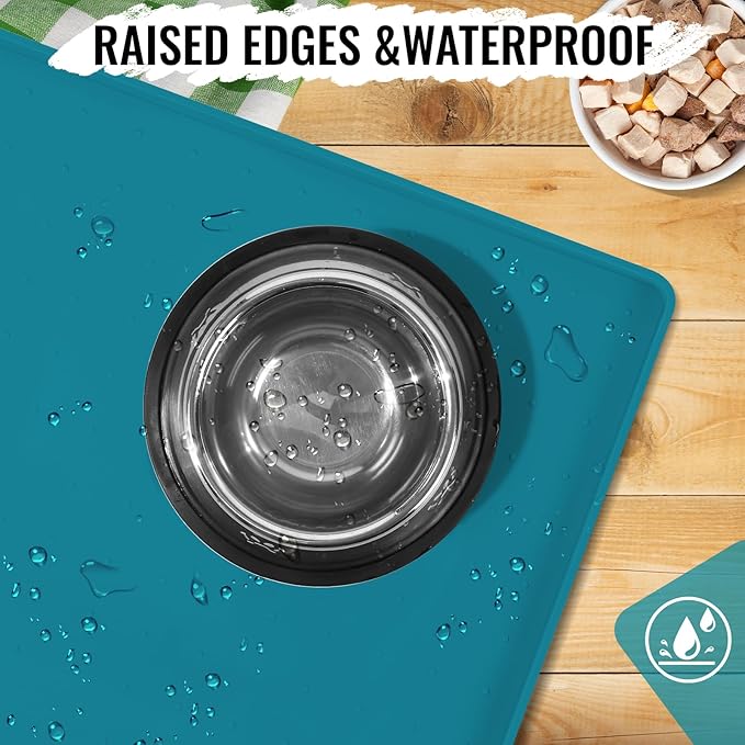 MateeyLife Dog & Cat Food Water Mat for Floors Waterproof, Nonslip Pets Bowl Feeding Mats with Raised Edges, Silicone Matt Tray for Messy Drinkers, 22"x14", Teal