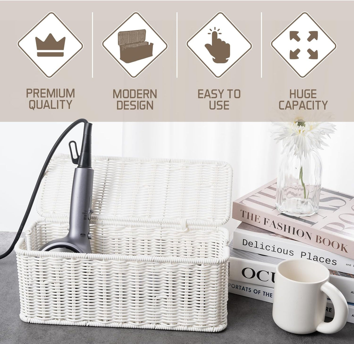 Cable Management Box, Handmade Rattan Cable Organizer, 2 Open Slots Cords Hider Box, Under Desk Cord Organizer for Computer Router USB Hub & Power Strip, Patent Pending, 13" x 5.1" x 5.1", White
