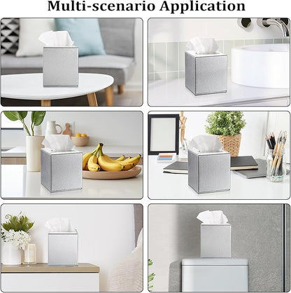 Sumnacon Tissue Box Cover Square Tissue Box Stylish PU Tissue Box Holder with Magnetic Bottom, Leather Cube Tissue Cover for Living Room Bathroom Bedroom Table Desk Home Office Car, Silver