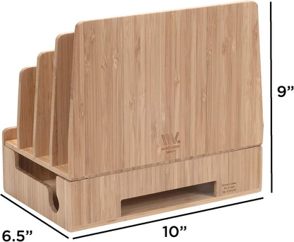 Charging Station Stand Combo with Bamboo Drawer; Extra Storage for Smartphones, Tablets, Laptops & Organizer for Office Supplies and Stationary Items