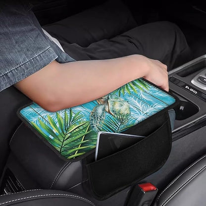 Dreaweet Tropical Leaf Print Car Armrest Cover Sea Turtle Car Accessories Center Console Cover with Pockets,Soft Arm Rest Cover for Car SUV Truck Sedan Van