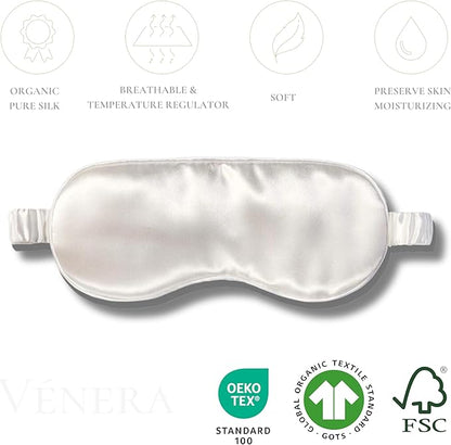 Vénera Silk Sleep Mask - 100% Pure 22 Momme Mulberry Silk Eye Sleeping Mask for Women and Men - Blackout Eye Mask for Sleeping (White)