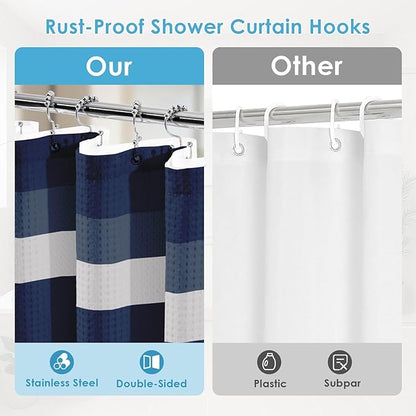 Nesphy Shower Curtain and Liner, Navy Blue Striped 3 in 1 Shower Curtain and PEVA Liner Set with 12 Rust-Resistant Metal Hooks, Waterproof Fabric Shower Curtains for Bathroom, 72 W x 72 H