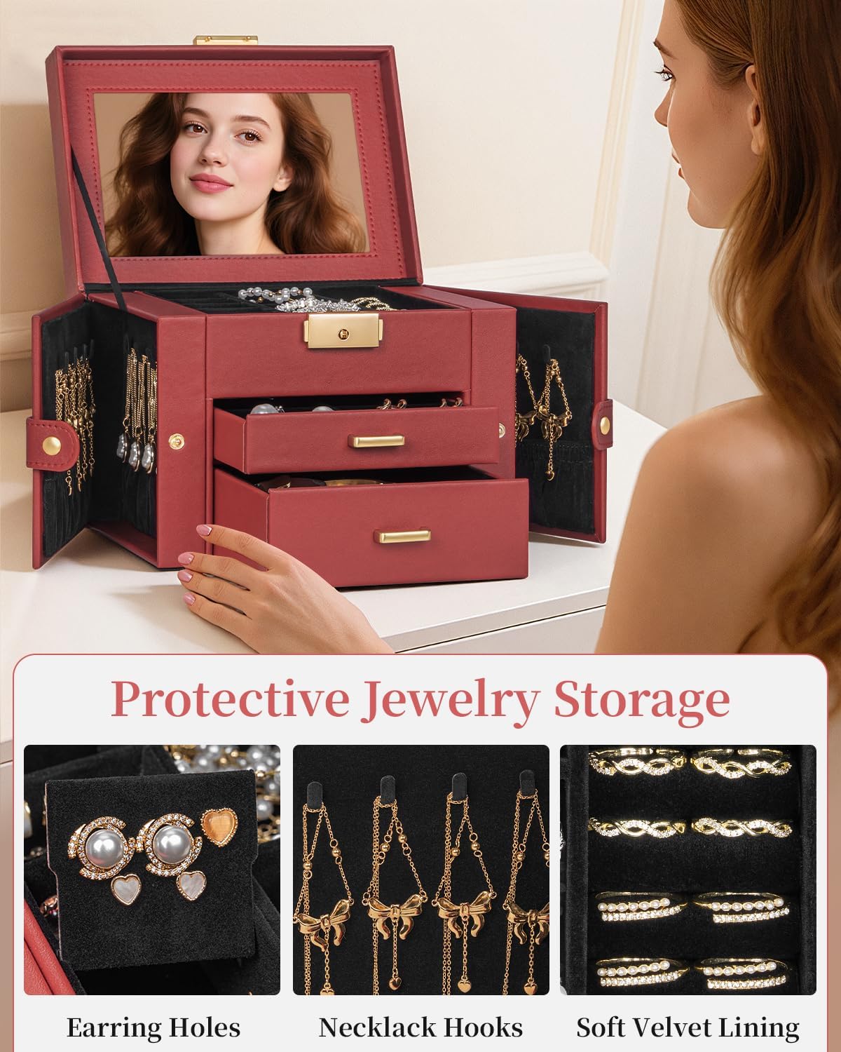 TORIBIO Jewelry Box for Women, Leather Jewelry Organizer with Mirror & Lock, 3-Tier Jewelry Storage Organizer with 2 Drawers for Girls/Women/Mothers, Necklace Earring Bracelets Holder Organizer