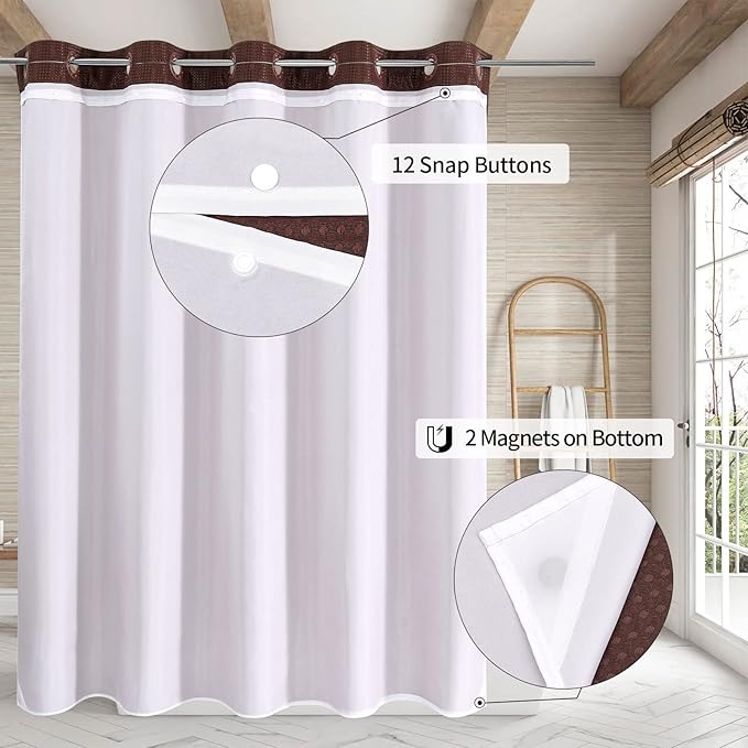 MitoVilla Brown Waffle Long Shower Curtain Liner Set 72 x 80, No Hooks Needed 80 inch Long Heavyweight Fabric Shower Curtain Set with Snap-in Liner for Hotel Grade Spa-Like Bathroom Decor