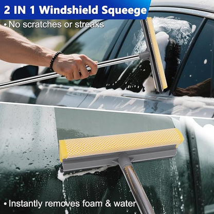 THINKWORK Car Wash Kit, Car Washing Brush with Long Handle, Extendable Car Wash Brush Mop with 2-in-1 Windshield Squeegee and 9Pcs Detailing Brushes, Gray Car Detailing Kit Gift for Men