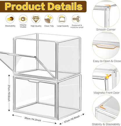ULENDIS 4 Packs Plastic Purse Storage Organizer for Closet, Clear Display Case for Purse and Handbag, Stackable Storage Boxes Organizer with Magnetic Door for Wallet Book Cosmetic Toys Display