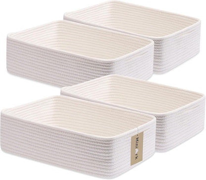 Large Shallow Organizing Baskets 15x11x5.1 Inches - Rope Woven Storage Bins for Bathroom, Shelves, Cube Closet, Off White 4 Packs