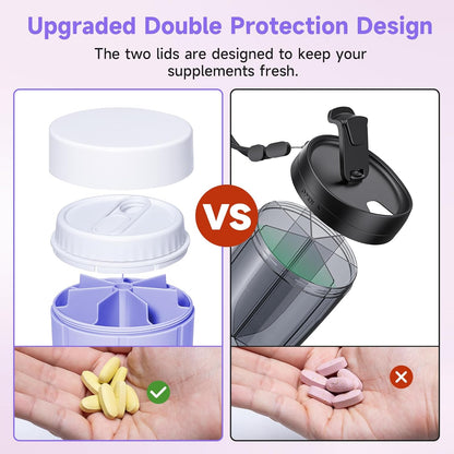 Daviky Pill Bottle Organizer, Supplement Organizer with 7 Large Compartments, Travel Pill Dispenser Round Pill Box with Two Lids（Purple）