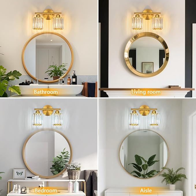 FDPBY Modern 2 Light Crystal Vanity Light, Brushed Gold Vertical Bathroom Light