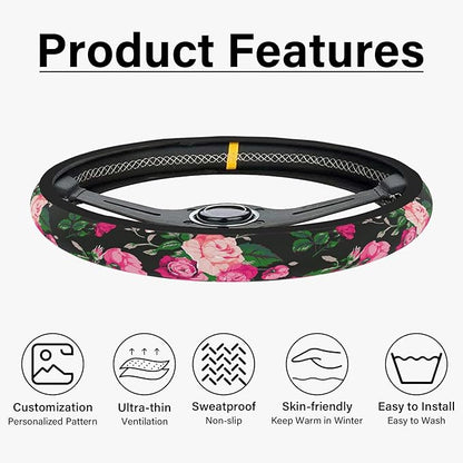 Red Rose Steering Wheel Cover, Cute Print Steering Wheel Cover Protector, Ultra-Thin with Personalized Pattern Design, Car Accessories for Women, for Steering Wheel with a Diameter of 14.5"-15"