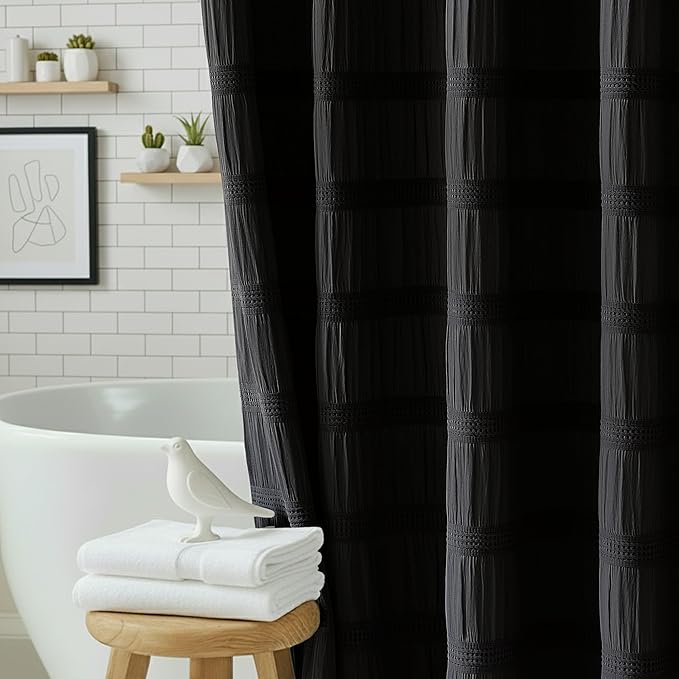 Lameirose Black Shower Curtain Boho, Cotton Blend Waffle Shower Curtain Chic Textured Fabric Shower Curtains for Bathroom, 72 x 72