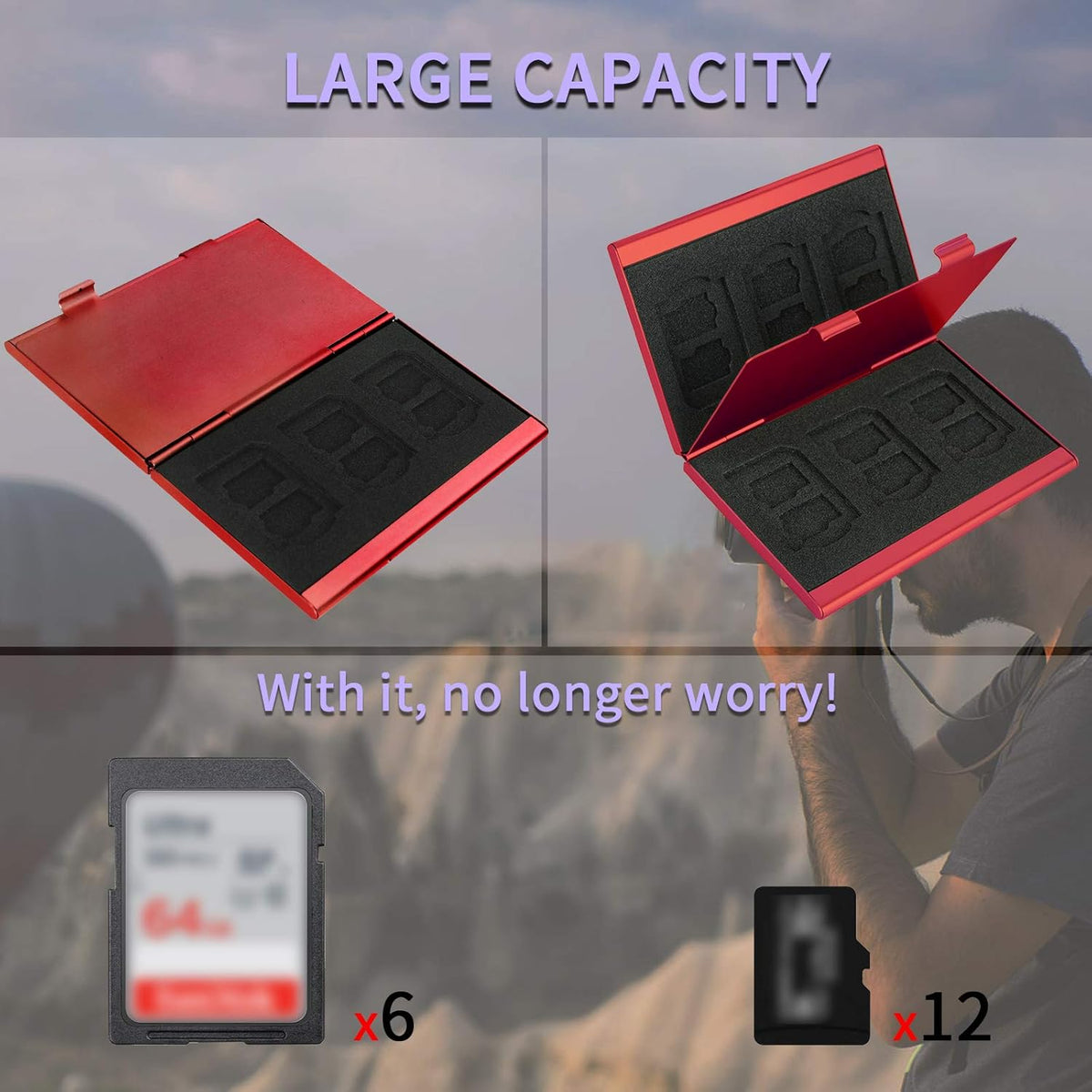 SD Card Holder, SD Card Case, LAVILI CF Memory Card Holder Case Aluminum Alloy Hard Shell, Double-Layer Capacity for 6SD Cards and 12 TF Cards Red Color
